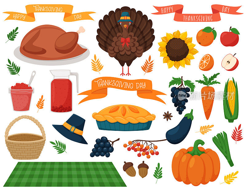 一组带有感恩节符号的元素。火鸡，篮子，南瓜派，向日葵，水果，蔬菜和节日丝带。卡通矢量插图孤立在白色背景上。