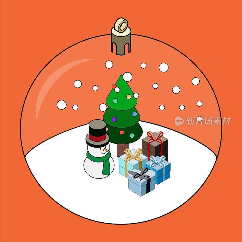 雪人，圣诞礼物和圣诞树装饰品。等距圣诞材料。