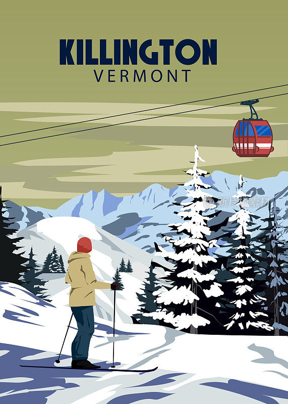 基林顿滑雪旅游胜地海报复古。美国佛蒙特州冬季风景旅游卡