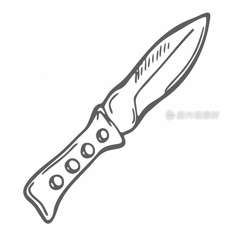 军刀涂鸦矢量图标。野营刀:军用的有刃的武器或野营刀在白色方向隔离。