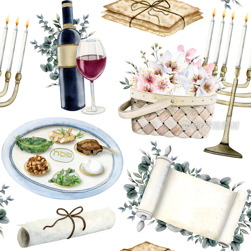 逾越节家宴用水彩无缝图案的犹太餐盘，传统的逾越节食物，酒，烛台，无酵饼上的白色