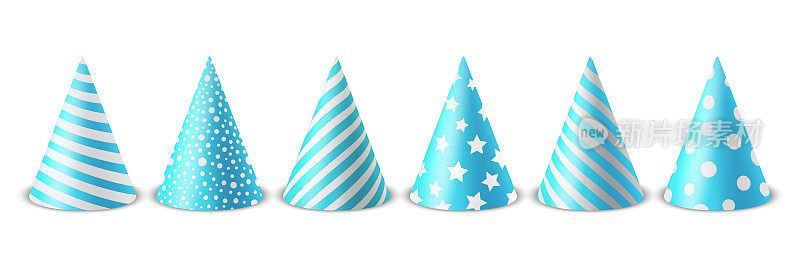矢量3d逼真的蓝色和白色生日派对帽子图标集隔离在白色背景。党帽设计模板党旗帜，贺卡。节日帽子，锥形，前视图