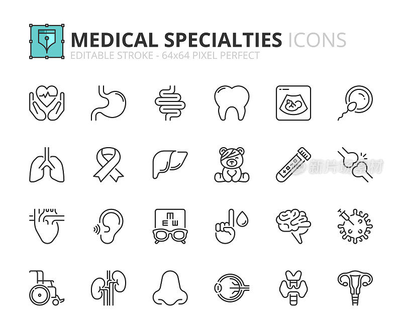 关于医学专业的简单大纲图标集。卫生保健