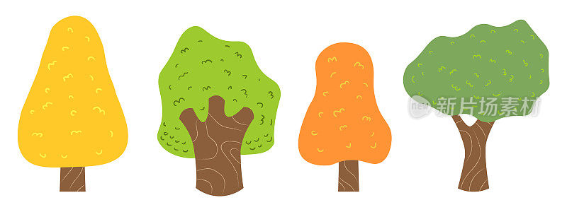 收集简单的平面卡通设计树自然插图完美的形状设计元素