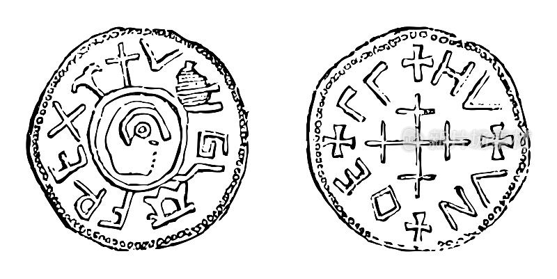 中世纪盎格鲁-撒克逊银便士的威格拉夫国王的麦西亚-古董雕刻插图