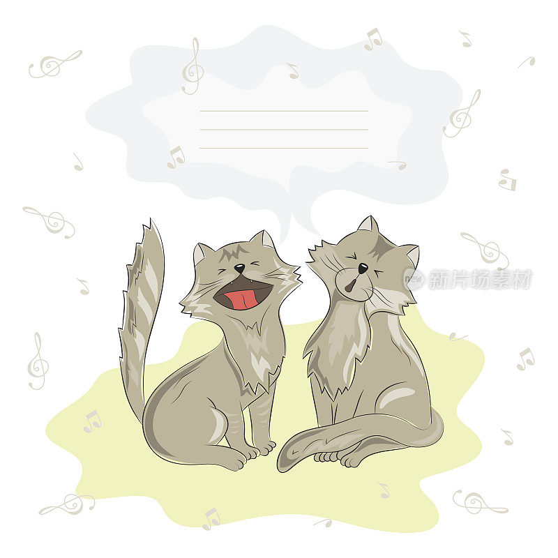 两只猫唱歌或大声喵喵矢量插图