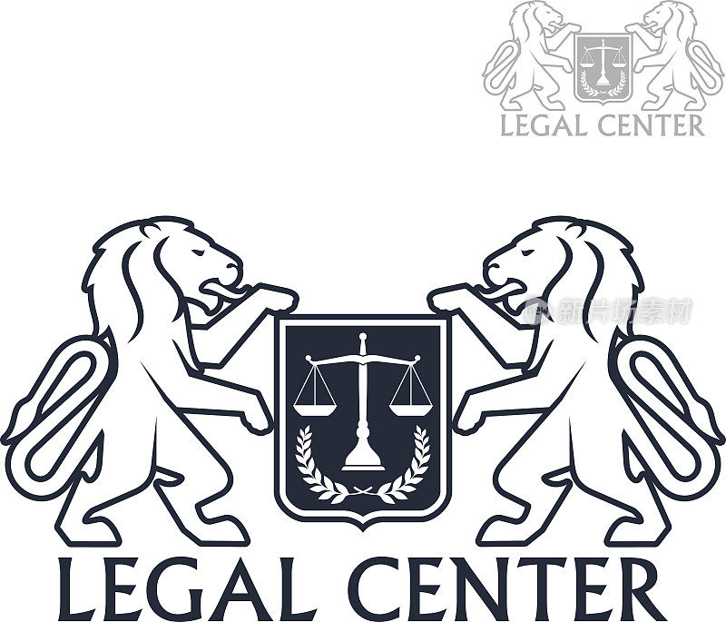 法律中心矢量纹章狮子，月桂图标