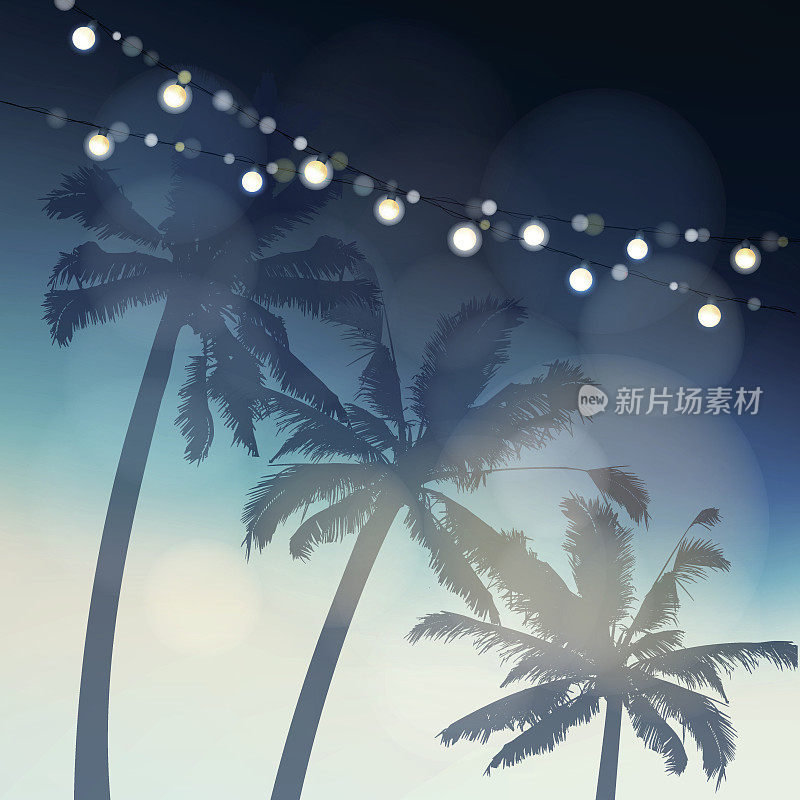 热带夏日派对或节日朱尼纳贺卡、请帖。棕榈树的剪影再次被灯泡照亮的夜空。游园会装饰。节日的概念。向量的背景