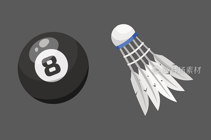运动球孤立锦标赛赢圆台球设备和娱乐羽毛球组传统不同的设计矢量插图