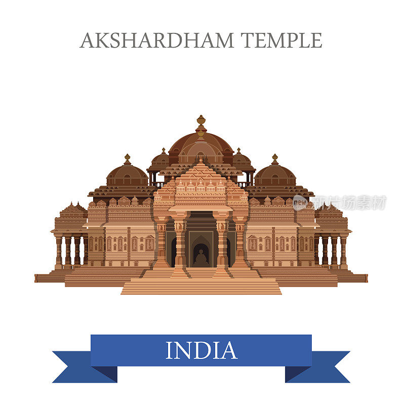 印度新德里的Akshardham印度教寺庙。平面卡通风格的历史景点展示景点网站矢量插图。世界各国城市度假旅游观光亚洲收藏。