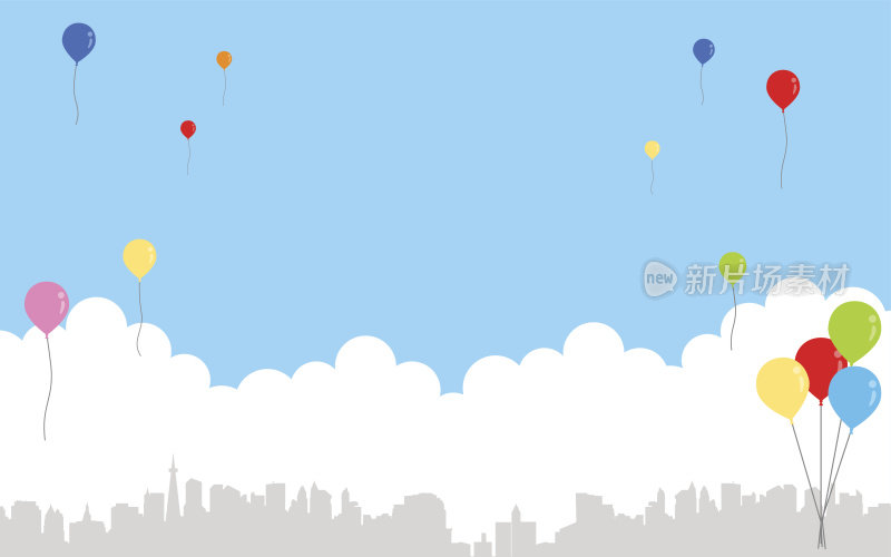 蓝天、气球和城市景观
