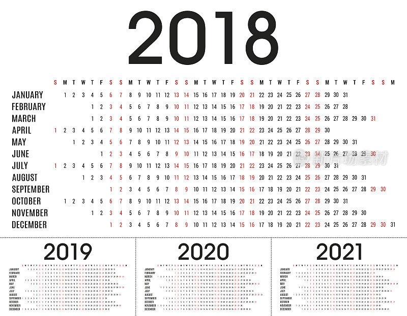 简单的2018年，2019年，2020年，2021年计划日历和天时间表私人使用和业务