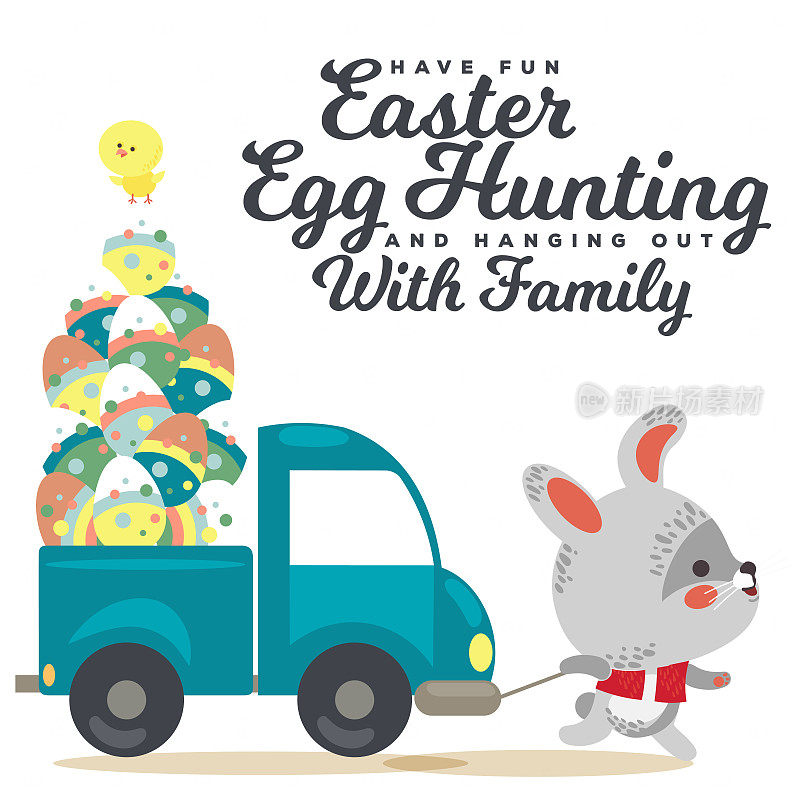 复活节兔子用卡车拉车，装饰彩蛋的猎人可爱的白兔汽车狩猎，快乐的节日矢量贺卡，春天野兔孤立插图
