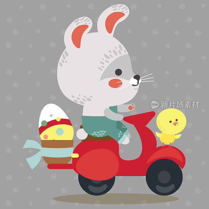 复活节兔子驾驶摩托车，装饰鸡蛋猎人野兔提篮子，可爱的白兔汽车司机打猎，孤立插图