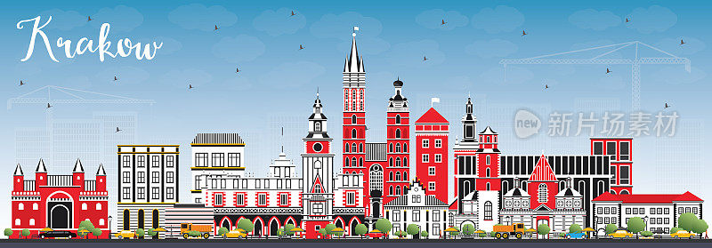 波兰克拉科夫城市的天际线与彩色建筑和蓝天。