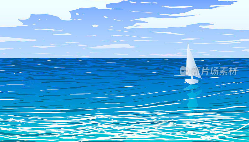 航行在平静的蓝色海面上的矢量帆船。