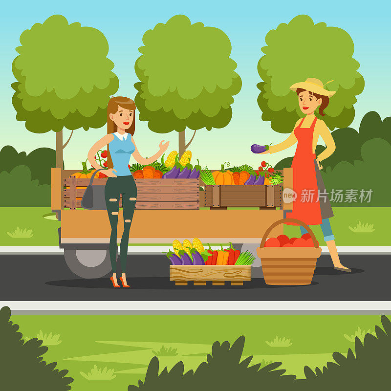 农妇用木车卖新鲜蔬菜，当地农贸市场有客户，农业与农作，矢量插图