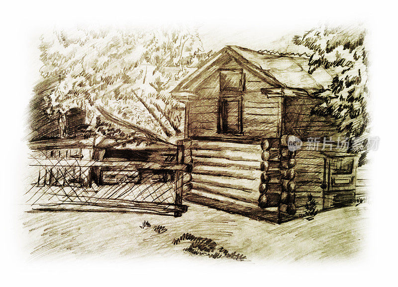 森林中的小屋，手绘插画