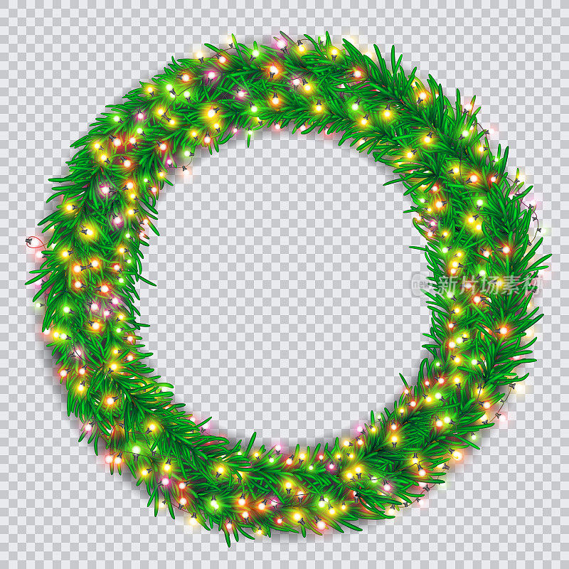 圣诞节花环与彩色的发光的花环在透明的背景。