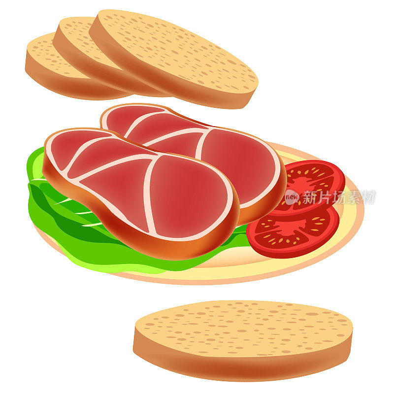 火腿。肉类产品。肉的美味佳肴。熏猪肉面包，西红柿，生菜，洋葱和欧芹。美味的火腿猪肉切片三明治和面包。向量。