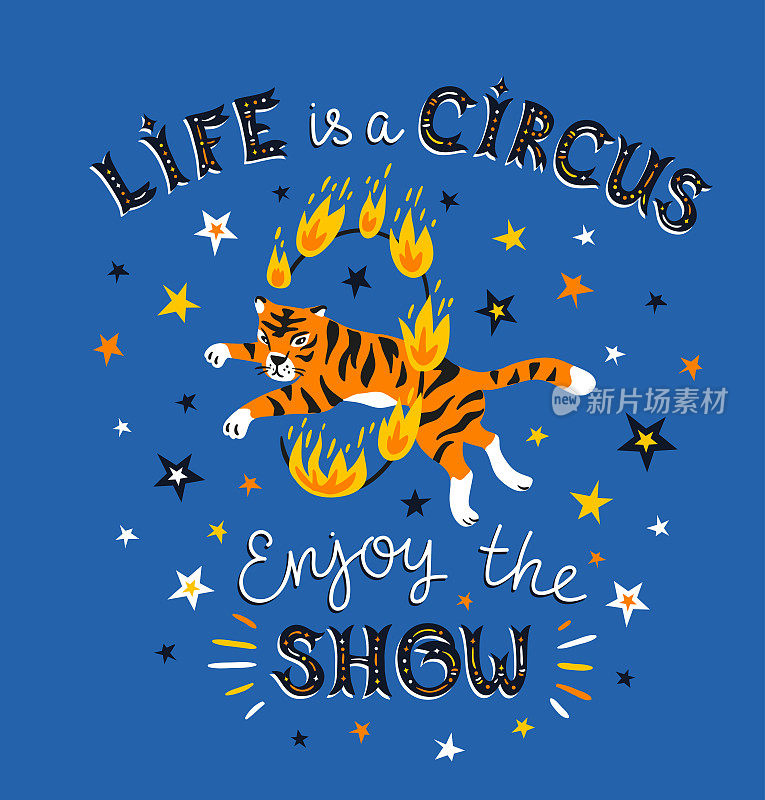 马戏团海报上的老虎跳在一个火环和文字-生活是一个马戏团，享受表演。明亮的手绘背景。