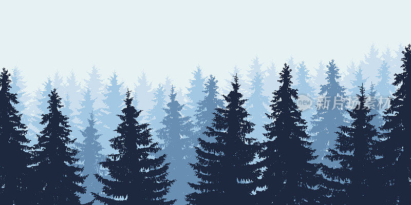 蓝色现实的矢量图在冬天的森林在蓝天下，分层