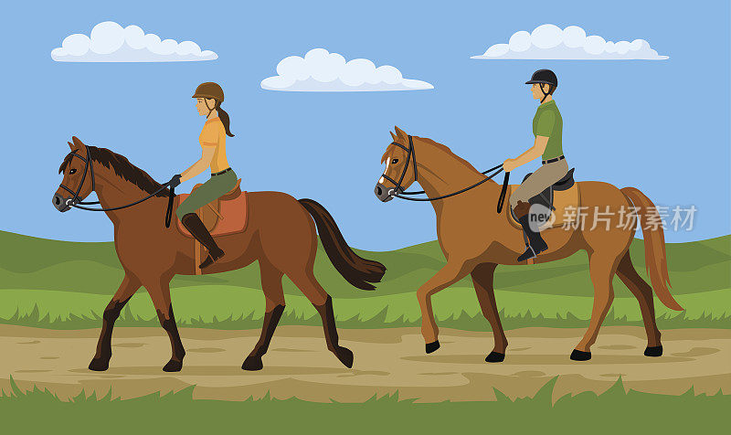 大自然中骑马的男人和女人。农村景观背景。