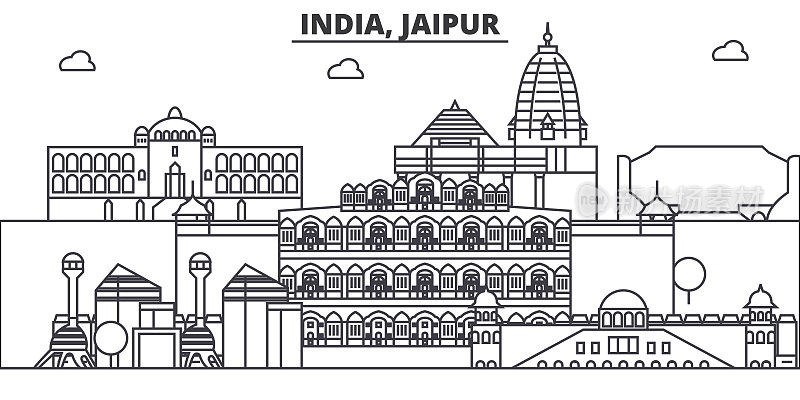 印度，斋浦尔建筑线天际线插图。线性向量的城市景观与著名的地标，城市景观，设计图标。风景与可编辑的笔触