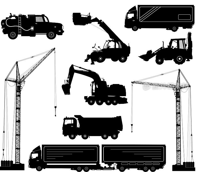 施工设备:卡车、挖掘机、推土机、电梯、起重机。建筑机械的详细轮廓被隔离在白色上。矢量图