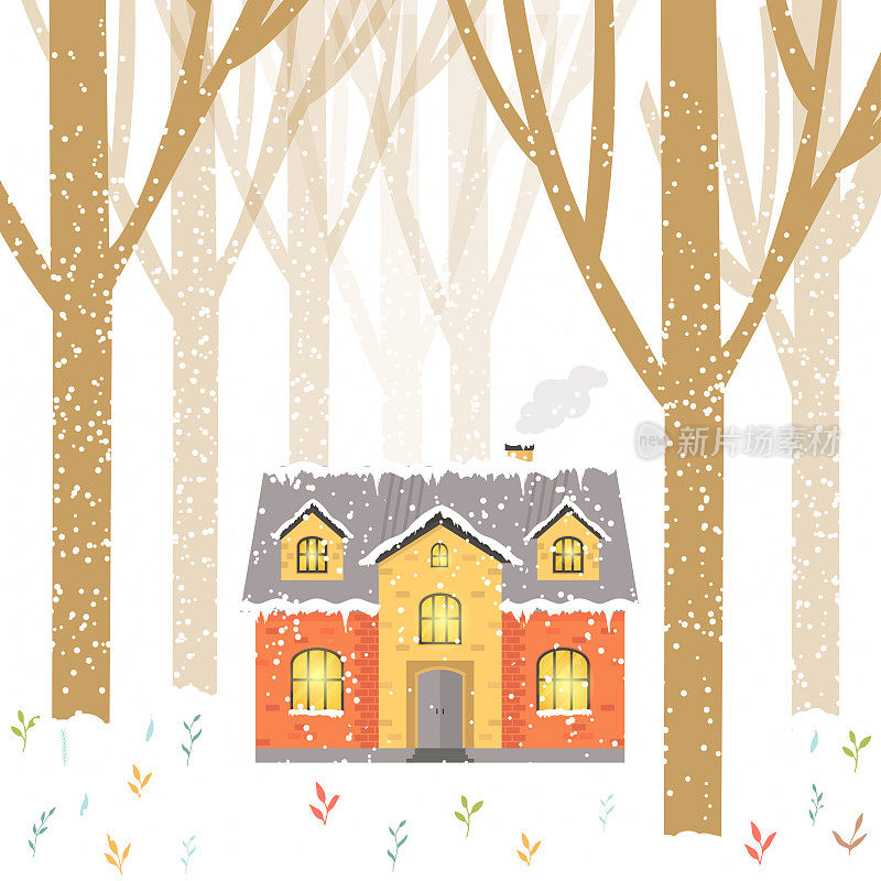 抽象圣诞背景有冬屋、森林、信件