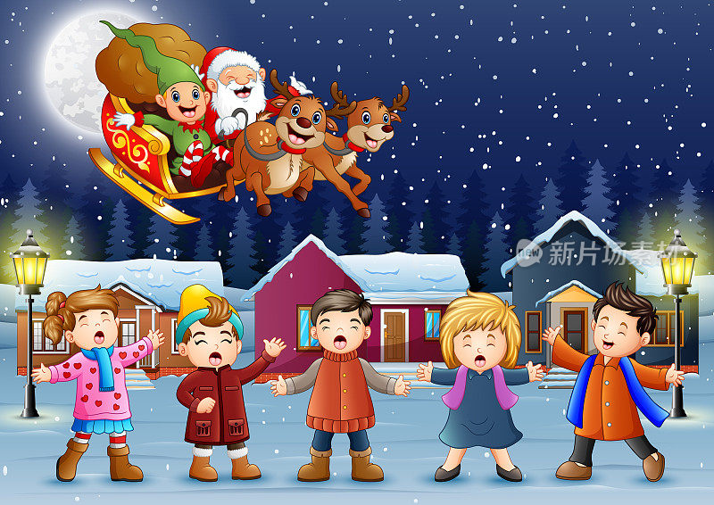 快乐的孩子们在雪村里唱歌，圣诞老人飞过他们