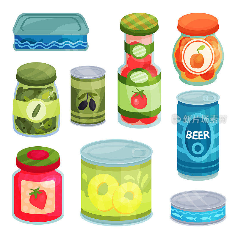 罐头食品、罐头食品、玻璃罐子和金属容器卡通矢量插图