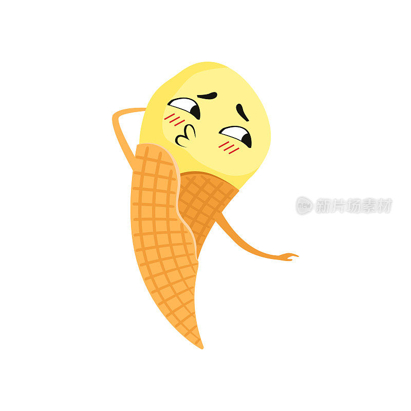 卡通人物黄色冰淇淋在华夫蛋筒。可爱的脸蛋和小手，美味的冷冻甜点。平面向量元素