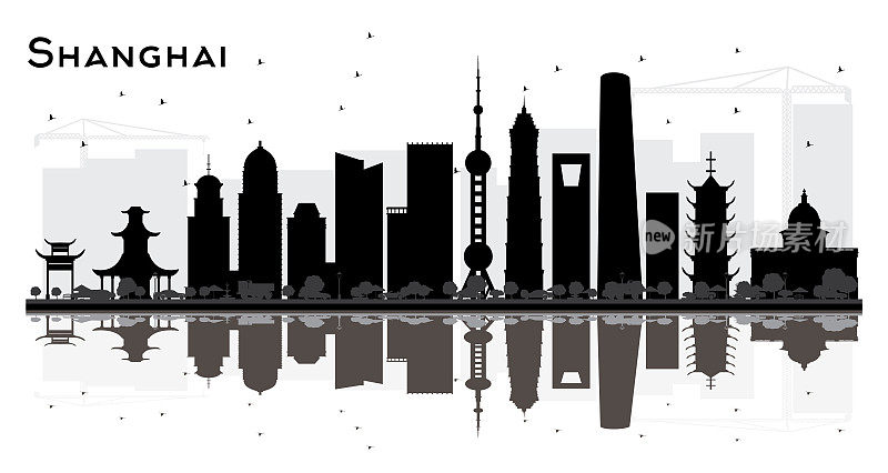 中国上海城市天际线剪影与黑色建筑和反射孤立在白色。