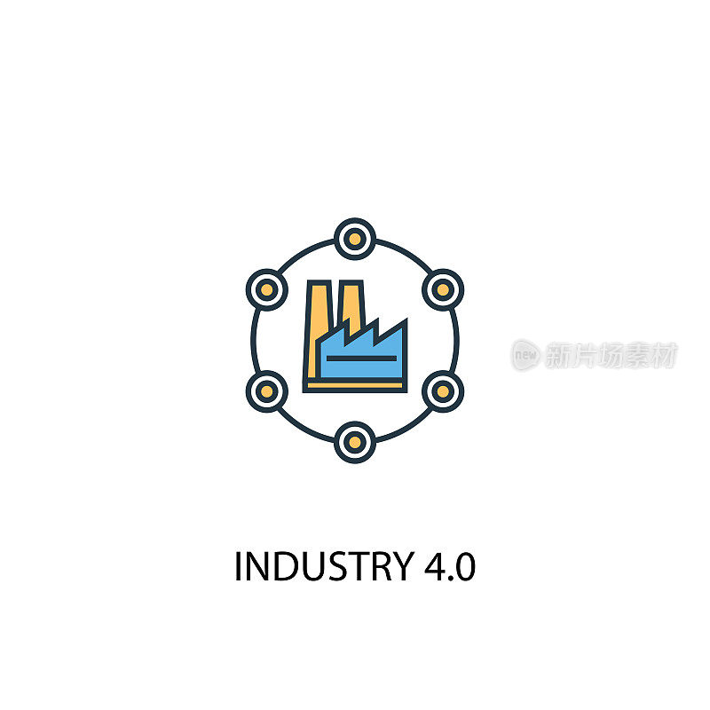 工业4.0概念2彩色线条图标。简单的黄色和蓝色元素插图。工业4.0概念轮廓符号设计