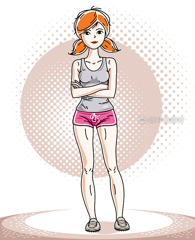 年轻漂亮的红发运动女人摆姿势。矢量插图有吸引力的女性穿粉红色短裤。积极健康的生活方式主题卡通。