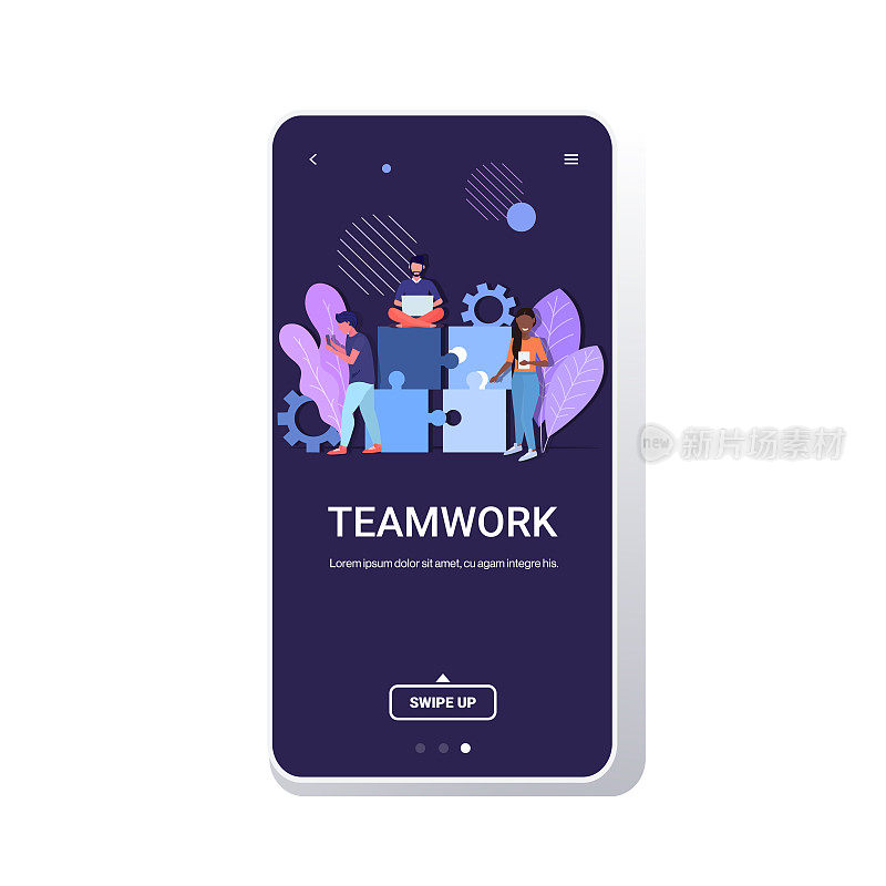 商务人士使用数字设备拼图零件团队解决方案业务流程概念混合种族同事一起工作智能手机屏幕移动应用程序复制空间全长