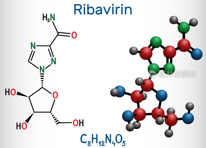 利巴韦林，曲巴韦林，C8H12N4O5分子。它是治疗RSV感染、丙型肝炎、部分病毒性出血热、冠状病毒COVID-19的抗病毒药物。结构化学式和分子模型