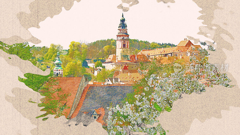 彩色铅笔画捷克共和国克鲁姆洛夫在牛皮纸上的美丽景色。
