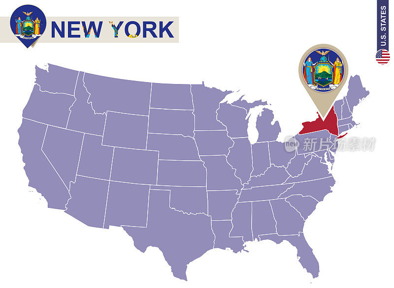 美国地图上的纽约州。纽约国旗和地图。