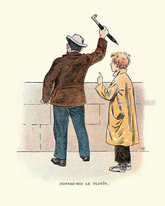 一个男孩向一个男人要伞，维多利亚，19世纪