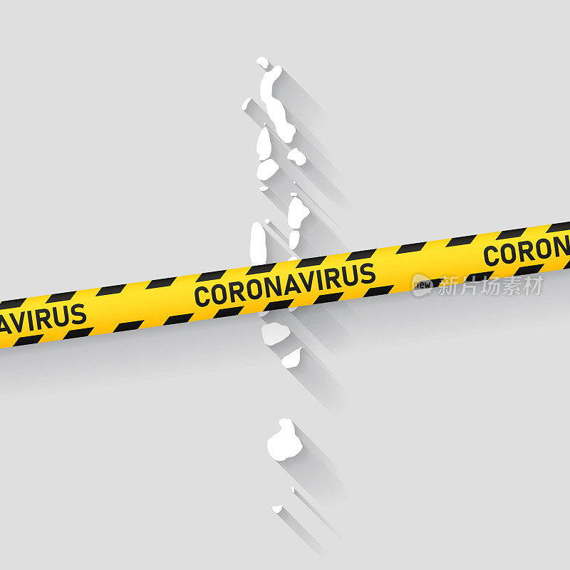 马尔代夫地图与冠状病毒警告胶带。Covid-19爆发