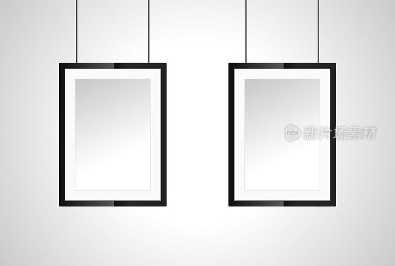 白色墙壁上的两个相框，在室内黑色空白的现实矢量，挂在绳子上的木制海报相框，空海报框架设计模板的模型