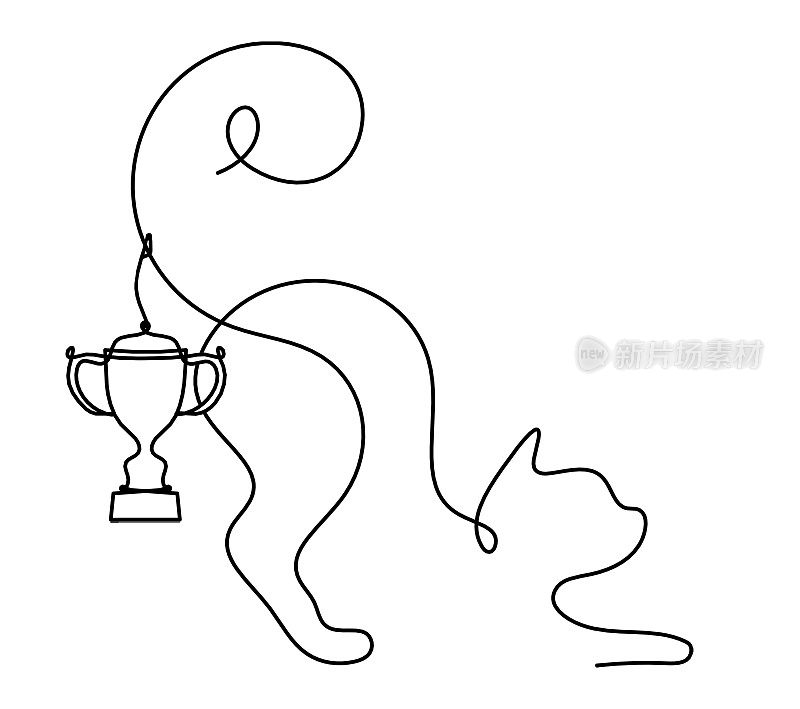 轮廓抽象的猫与奖杯在线条绘制
