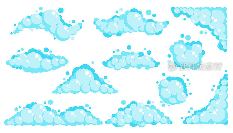 肥皂泡。洗发水的卡通沐浴泡沫。矢量插图隔离在白色背景上
