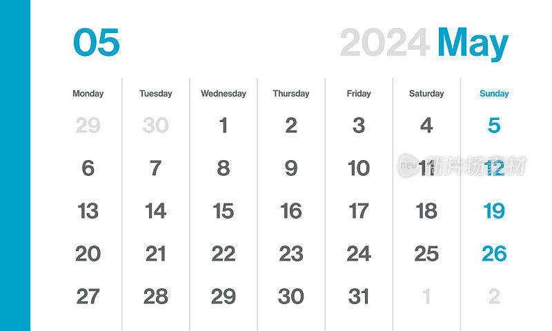 2024年5月-月历。极简风格的景观水平日历2024年。向量模板。这一周从星期一开始