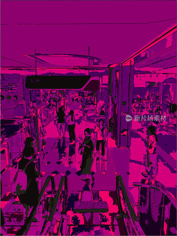 抽象紫色霓虹灯艺术卡通插画人物在商场场景图案背景