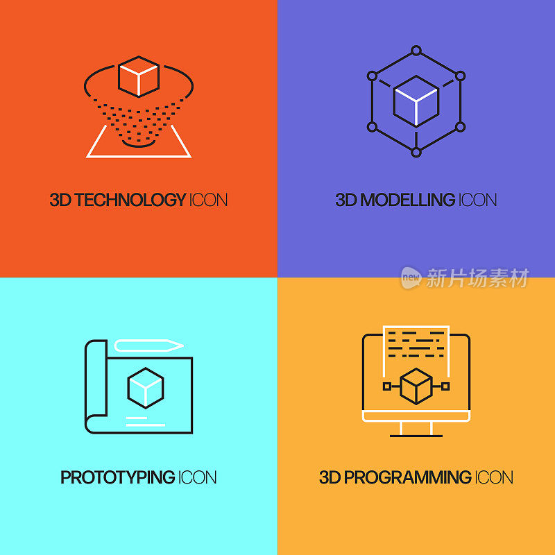 3D打印和建模相关的矢量细线图标。轮廓符号集合