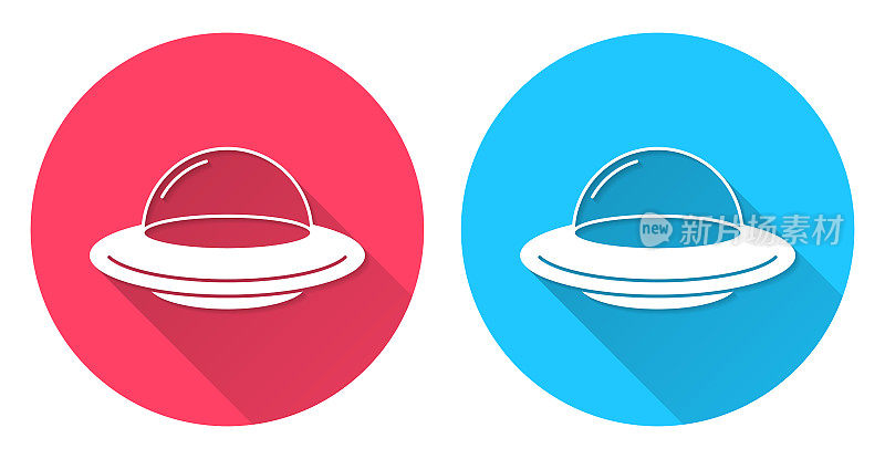 UFO――飞碟。圆形图标与长阴影在红色或蓝色的背景