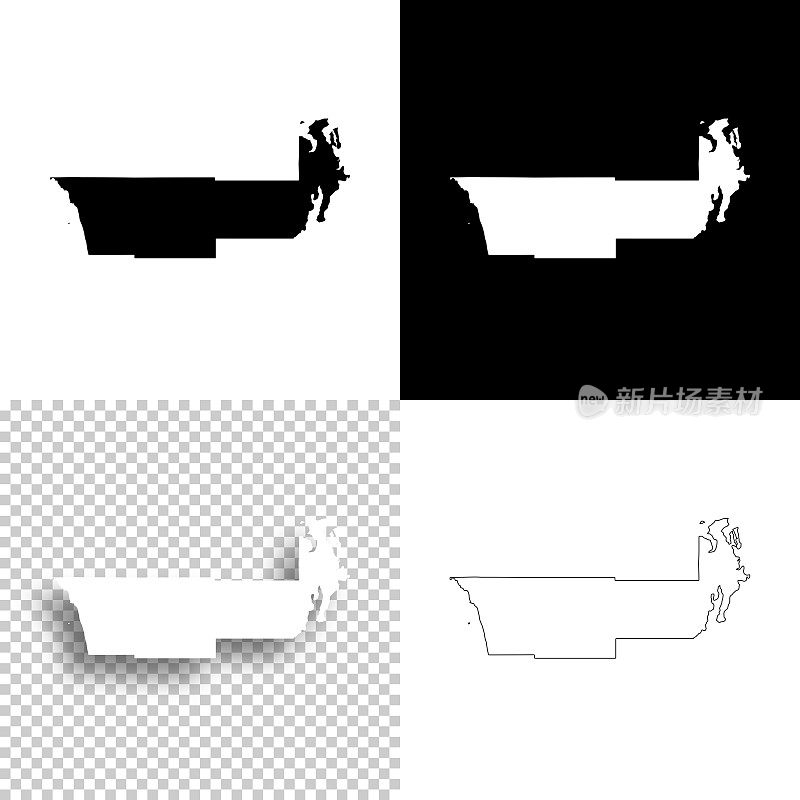 杰斐逊县，华盛顿。设计地图。空白，白色和黑色背景